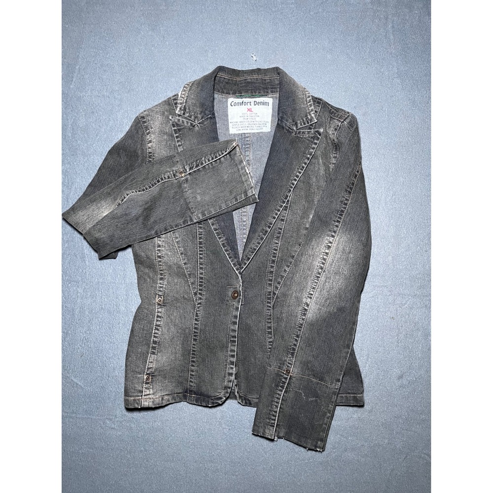 Comfort Denim Womens XL Washed Black Gray Cotton Single Button Blazer Jacket